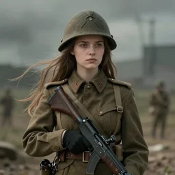 young female ww 2 soldier, long hair, dress, digital portrait by greg rutkowski, intricate, sharp focus, cinematic, epic, artstation