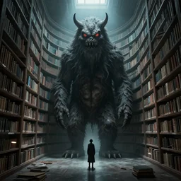 a gigantic monster stands in a library. art in the style of house of the dead. lonely, liminal.