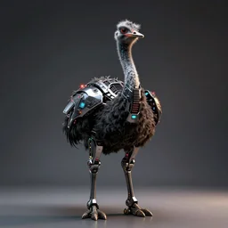 ostrich wearing futuristic cybernetic battle armour, dramatic lighting, portrait, leds, realistic reflections