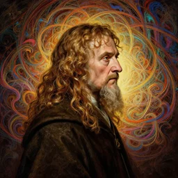 side profile centered painted portrait, old man, lord of the rings, tolkien, matte painting concept art, baroque, beautifully backlit, swirly vibrant color lines, fantastically gaudy, aesthetic octane render, 8 k hd resolution, by caravaggio and diego velazquez