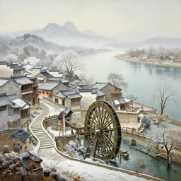 a gorgeous early winter landscape painting by barlowe wayne maxfield parrish and marco mazzoni!! chinese village. china waterwheel. the winding steps. ultra clear detailed. 3 d, octane render. yangzi river. fog