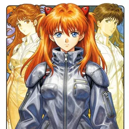 a copic maker manga illustration by yoshiyuki sadamoto and lois van baarle and alphonse mucha of asuka langley soryu highly detailed eyes detailed face wearing a futuristic anorak lots of zippers, pockets, synthetic materials, by issey miyake and balenciaga 8 k