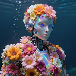 closeup, underwater digital painting of a robot wearing a suit made of flowers, character portrait by fillip hodas, cgsociety, panfuturism, made of flowers, holographic, synthwave, vaporwave