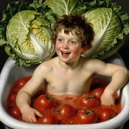 a boy sitting in a tub full of tomato sauce, the boy is very happy, a lot of cabbage, by giuseppe arcimboldo and ambrosius benson, renaissance, fruit, intricate and intense oil paint, realistic
