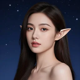 a photorealistic portrait, stunningly beautiful fantasy elf, professionally retouched, soft lighting, hyper realistic, beautifully detailed starry sky in the background, gorgeous round lips, black eyes, brightly colored stars, wide angle, sharp focus, 8 k high definition, 6 4 megapixels, insanely detailed, stunningly beautiful