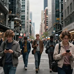 orwellian metropolitan city with citizens staring at their phones walking on the street by kilian eng, by good smile company, high detail, digital art, industrial art style, death stranding art style, cinematic lighting, artstation, cgsociety, unreal engine 5 render, octane render, 3 5 mm film grain