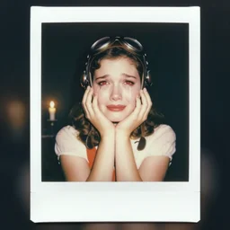 a polaroid film portrait stil of a crying 1 9 5 0's disney aviator girl, red eyes, dramatic candle light, finely detailed features, perfect art, gapmoe yandere grimdark, trending on pixiv fanbox, painted by greg rutkowski makoto shinkai takashi takeuchi studio ghibli, akihiko yoshida,