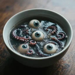 dslr photograph of a bowl eldritch horror soup filled with tentacles and eyeballs, 8 5 mm f 1. 8