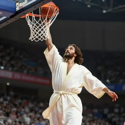 Jesus wearing robes dunks a basketball