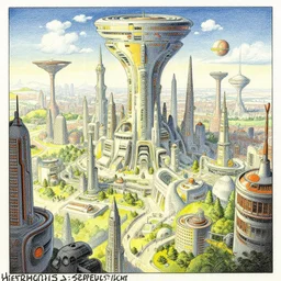 a beautiful illustration of a retro futuristic city by Hieronymus Bosch| sparth:.2 | Time white:.4 |  | Graphic Novel, Visual Novel, Colored Pencil, Comic Book:.2