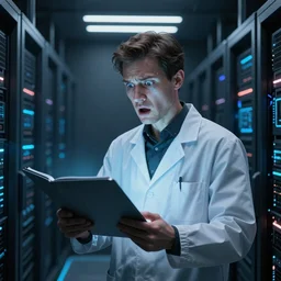 futuristic scientist is holding a folder, he is in shock, dark building of server room, neon light, the folder glows and lights up his face, professional lighting, 3 d digital modeling, movie scene, concept art, detailed art,