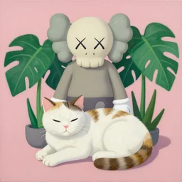 illustration of a cat resting between monsteras by shusei nagaoka kaws, david rudnick, airbrush on canvas, pastell colors, cell shaded