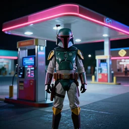 boba fett visits a gas station in the night time, vaporwave aesthetic, neon signs, superliminal 8 k uhd, unreal engine, octane render in the artstyle of finnian macmanus, john park and greg rutkowski