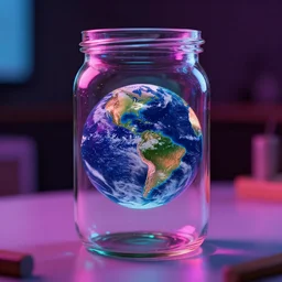 photograph of the earth in a jar. jar is located on a neon lit table, earth is floating on some water in the jar. colorful, 8 k