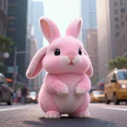 a cute pink rabbit in the middle of a busy street with skyscrapers, very fluffy, low angle camera, cinematic, very detailed, 8 k, depth of field