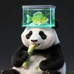a panda eating a sugar cane, wearing a fish tank on his head, digital art, synthwave style