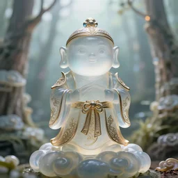 cartoon guardian spirit of the cloud forests. translucent resin sculpture, backlighting, depth of field, 4 k, metallic filigree details, g rated, bokeh