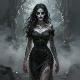 ultra realist and ultra intricate detailed character concept art of a beautiful flirt muerte girl in a curvy long dress facing camera, symmetry features, sensual gloomy style, soft painting, volumetric light and fog,  fantasy background, artstation, Tom Bagshaw artstyle, unreal render