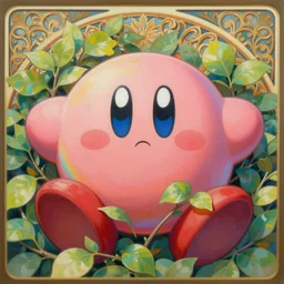 a painted portrait of kirby behind a bush, fluffy, rainbow - laque, leaves, intricate, elegant, detailed, digital painting, concept art, smooth, sharp focus, painting by sho murase, alfred kubin, alfonse mucha, trending on artsstation