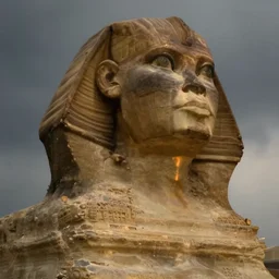 looking up at a sphinx, greg rutkowski, 8 k, shallow depth of field, moody lighting, golden hour, ultra high detail, concept art,