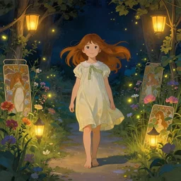 well - lit art nouveau portrait of a young innocent girl with hair blowing in the wind in a flower garden with lanterns and fireflies at night,, natural lighting, path traced, highly detailed, high quality, cartoon, digital painting, by don bluth and alphonse mucha and ross tran