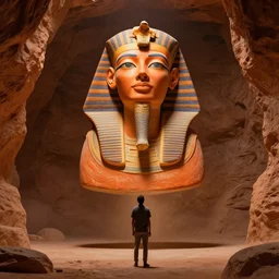 a man looking up at a giant nefertiti bust inside a cave, the bust is floating in the air, the bust fully colored in orange, her eyes are closed, rule of thirds, megalophobia, a vision, digital art