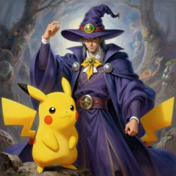 stunning male master wizard and pikachu, highly detailed painting by gaston bussiere, craig mullins, j. c. leyendecker, 8 k