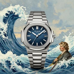 big and free background, rule of third. far shot digital art of luxury watch patek philippe nautilus reference number 5 7 1 1 / 1 a - 0 1 0, blue dial, steel bracelet and case designed by gerald genta. drawn by krenz cushart peter mohrbacher norman rockwell michael cheval gerald brom alphonse mucha, french wave