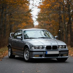 A BMW e36 parked in a road with trees, autumn season, Epic photography, taken with a Canon DSLR camera, 250 mm, depth of field