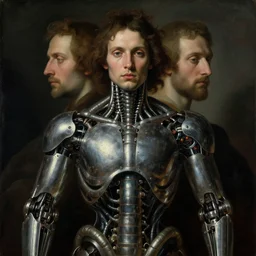 symmetrical portrait painting of beautiful man covered with metallic biomechanical ribbed spinal tubes by hieronymus bosch, lucid dream - like heavy atmosphere, baroque painting, perfect composition, detailed octane render trending on artstation, 8 k artistic photography, volumetric cinematic perfect light, chiaroscuro, masterpiece, raphael, caravaggio, beksinski, rutkowski, beeple
