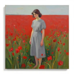 a painting of a woman in a gray dress standing in a field of red flowers by craig mullins, trending on artstation, color field, concept art, artstation hd, matte drawing