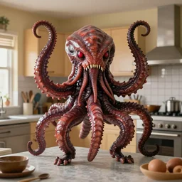 tentacled cthulhu monster in 1 9 7 0 kitchen