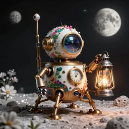 tiny steampunk robot lunar probe, intricate detail, hyper detailed, ultra realistic, sharp focus, octane render, lantern, volumetric, ray tracing, artstation trending, moon, flowery, pocketwatch, cgsociety, sense of awe, mystical, moon, 4 k