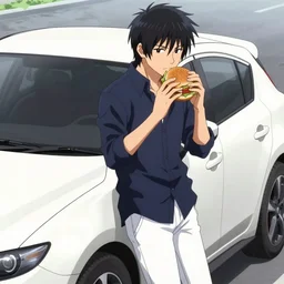 very serious ryosuke takahashi with black hair wearing a dark blue shirt and white pants eating a cheeseburger stands alone leaning on his white mazda, initial d anime screenshot, initial d anime 1 0 8 0 p, detailed anime face, high detail, 9 0 s anime aesthetic, volumetric lights, art by studio comet, pinterest wallpaper