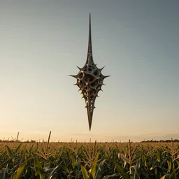 wide shot of a tall and thin spiky organic alien structure hovering in the air 6 feet above a cornfield, late afternoon, golden hour, dramatic lighting, cinematic, highly detailed, smooth, sharp focus, concept art by greg rutkowski and artgerm and syd mead
