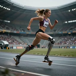 Female athlete sprinter in a race with cyborg legs, cinematic stillframe, diesel punk, art deco stadium, artstation, contrasty, athlete photography, f/1.4, otomo