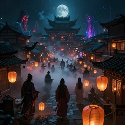 中 国 鬼 节, in the ghost city, evil spirits roam with lanterns, psychedelic lights and fog, zdzislaw, ayami kojima, yamamoto, barclay shaw, karol bak