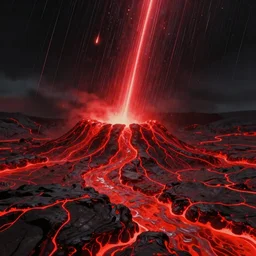 red themed lava landscape, meteor shower, epic, miyazaki style, cinematic, indie, highly detailed, featured on artstation, highly detailed, abstract