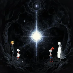 dawn of creation ; first atom ; beings of light and darkness ; ethereal plane. extremely dark image. complete darkness blackness. illustrated by maurice sendak and stephen gammell and junji ito and dr seuss and tsutomu nihei