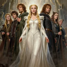 symmetrical - photo!! low - angle!! painting of christina - hendricks!!! in the lord of the rings as galadriel, full frame photograph, intricate, elegant, highly detailed, centered, digital painting, artstation, concept art, smooth, sharp focus, illustration, artgerm, tomasz alen kopera, peter mohrbacher, donato giancola, joseph christian leyendecker, wlop, boris vallejo