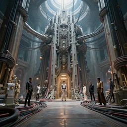 wide - angle shot of a cybertronic temple, cables and tubes, depth of field, zeiss lens, detailed, symmetrical, centered, fashion photoshoot, by nicoletta ceccoli, mark ryden, lostfish, earl nore, hyung tae, frank frazetta, breathtaking, 8 k resolution, extremely detailed, beautiful, establishing shot, artistic, hyperrealistic, octane render