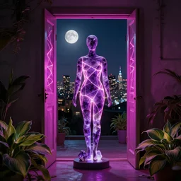 beautiful mannequin sculpted out of amethyst by billelis + lit with 3 d geometric neon + facing a doorway opening with neon pink geometric fractal light + flowering hosta plants!!!, moon + city of los angeles in background!!, moody, dramatic, rule of thirds, award winning, 4 k, trending on artstation, photorealistic, volumetric lighting, octane render