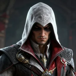 a digital art close up portrait of hooded assassin jester bard in style of darkest dungeon, handsome young man assassins creed character sheet, 4 k, ultra detail, volumetric lighting, unreal engine, octane render, assassins creed syndicate