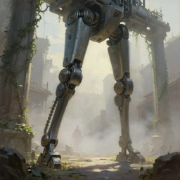 a walking ancient city mounted on mechanical legs, vines, pilar, hyperrealistic, highly detailed, cinematic, single ray of sun, fog, beautiful, cgssociety, artstation, 8 k, oil painting