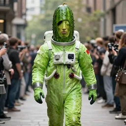 catwalk, green slimy spotty astronaut suit face benedict cumberbatch, big cucumber with human head!!!