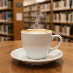 a warm coffee in a library, photograph