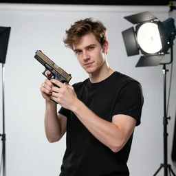 photo still of markiplier holding an glock, 8 k, studio lighting bright ambient lighting key light, 8 5 mm f 1. 8