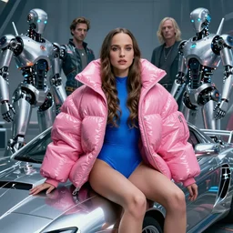 beautiful fantasy character portrait, natalie portman, wearing oversized plastic puffy pink bomber jacket and blue leotard, seductive seated pose, futuristic chrome vehicle, ultra realistic, wide angle, dramatic lighting, robots, cyberpunk artifacts, highly detailed by boris vallejo, aaron horkey, paolo eleuteri serpieri, hajime sorayama, peter mohrbacher,,