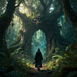 a wizard walking towards a ravenous, ominous portal to hades embedded in a creepy tree in a densely overgrown, magical jungle, fantasy, dreamlike sunraise, ultra realistic, atmospheric, stopped in time, dreamlike light incidence