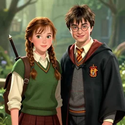 Katniss Everdeen standing next to Harry Potter (Harry Potter and the Philosopher's Stone, 2001), both smiling for the camera, digital art by Grey Rutkowski